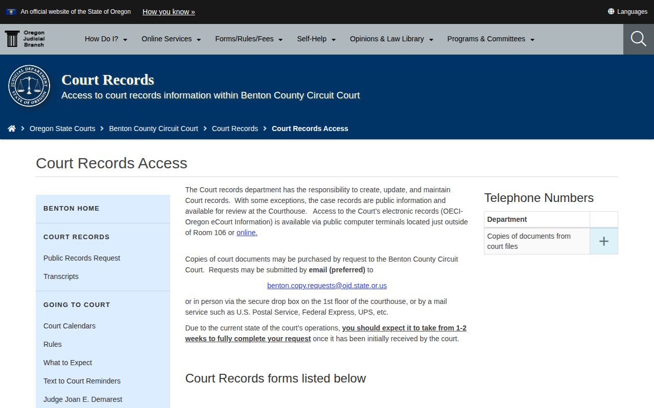 Benton County court release record terminal and copy request options